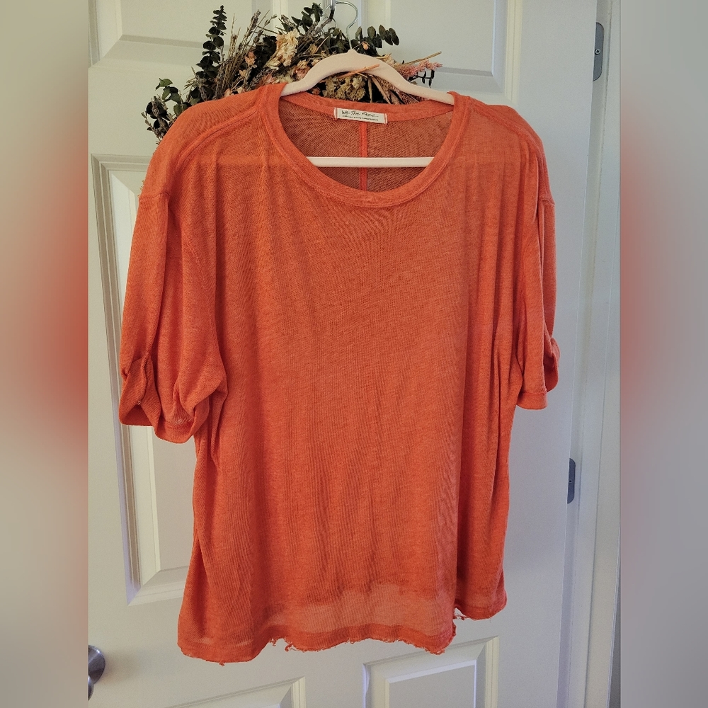 Free People Cassidy Orange Burnout Rolled Sleeve Boxy Fit Short Sleeve T-Shirt - Picture 5 of 5